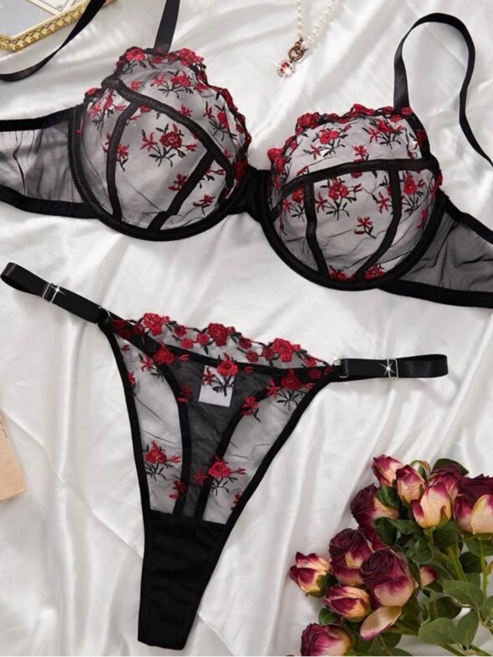 Sheer Black Bra & Thong Set with Red Rose Embroidery